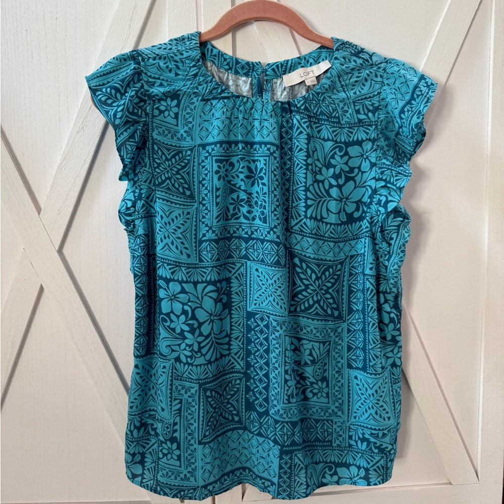 LOFT Teal Floral Geometric Blouse